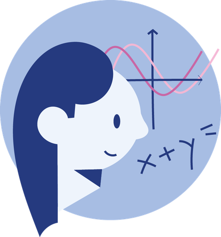 Piktogramm, das mathematische Kompetenz symbolisiert. Eine Person sieht auf eine Tafel mit Sinuskurven und einer Gleichung.