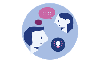 Piktogramm, das kollaborative Problemlösekompetenz symbolisiert. Zwischen zwei Personen sind Sprechblasen zu sehen. Eine leuchtende Glühbirne weist auf die Lösung eines Problems hin.