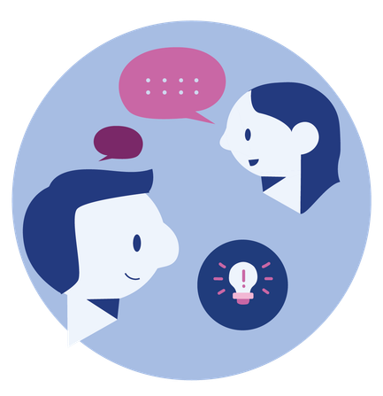 Piktogramm, das kollaborative Problemlösekompetenz symbolisiert. Zwischen zwei Personen sind Sprechblasen zu sehen. Eine leuchtende Glühbirne weist auf die Lösung eines Problems hin.