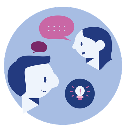 Pictogram symbolising collaborative problem-solving skills. Speech bubbles can be seen between two people. A glowing light bulb indicates the solution to a problem.