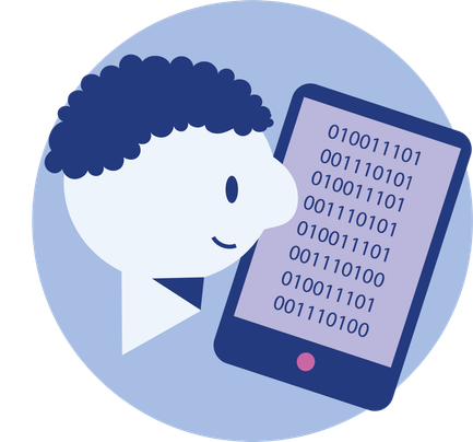 Pictogram symbolising learning in the digital world. A person is looking at a tablet computer with binary code.