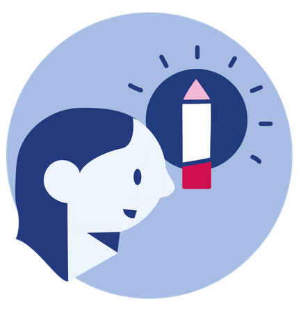 Piktogramm einer Person, über deren Kopf sich ein Stift und ein Kreis mit Strahlen befindet. Beides symbolisiert eine neue Idee durch kreatives Denken.