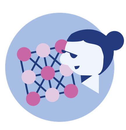 Pictogram symbolising complex problem-solving skills. A person is looking at a grid cube.