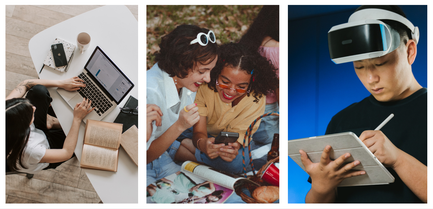 Collage von Personen, die digital am Laptop, Handy oder Tablet mit VR-Brille arbeiten