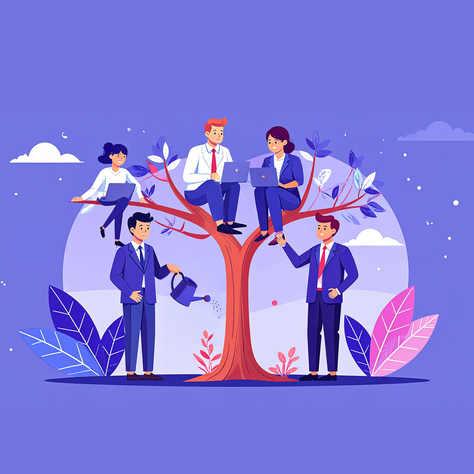 Auf einem Baum sitzt eine Gruppe junger Menschen mit ihren Laptops. Zwei Personen stehen neben dem Baum. Eine Person erklärt etwas und eine Person gießt den Baum.