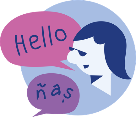 Piktogramm, das Fremdsprachenkompetenz symbolisiert. Eine Person scheint mit anderen zu sprechen. Die Sprechblase der sprechenden Person enthält das Wort "Hello", eine weitere Sprechblase enthält ein scheinbar unverständliches Wort.