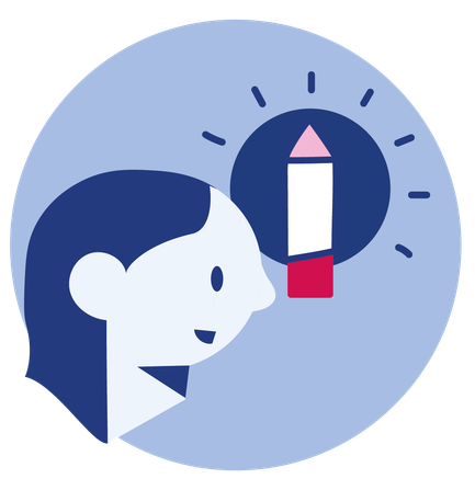 Piktogramm einer Person, über deren Kopf sich ein Stift und ein Kreis mit Strahlen befindet. Beides symbolisiert eine neue Idee durch kreatives Denken.