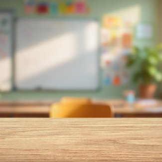 Frontansicht eines Klassenzimmers mit leerem Stuhl in der Mitte.