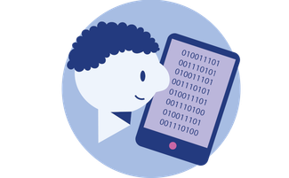 Piktogramm, das das Lernen in der digitalen Welt symbolisiert. Eine Person sieht auf ein Tablet mit binärem Code.