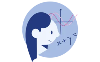 Piktogramm einer Person, die auf eine Tafel mit Sinuskurven und einer Formel blickt.