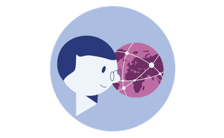 Piktogramm, das globale Kompetenz symbolisiert. Eine Person mit Brille sieht auf eine Weltkugel.