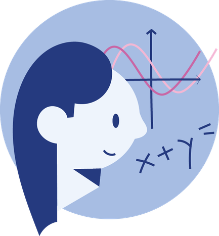 Piktogramm, das mathematische Kompetenz symbolisiert. Eine Person sieht auf eine Tafel mit Sinuskurven und einer Gleichung.