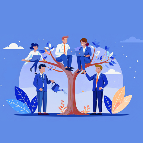 Auf einem Baum sitzt eine Gruppe junger Menschen mit ihren Laptops. Zwei Personen stehen neben dem Baum. Eine Person erklärt etwas und eine Person gießt den Baum.